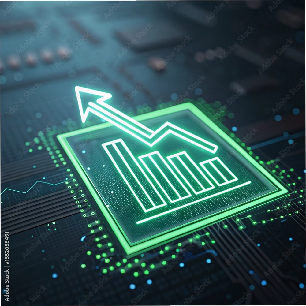 Poster bar chart with up arrow on glowing circuit board, showing data growth