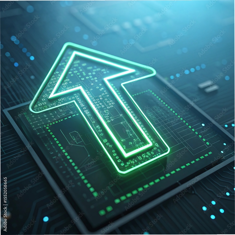 Poster up arrow symbol on glowing circuit board, representing data upload or growth