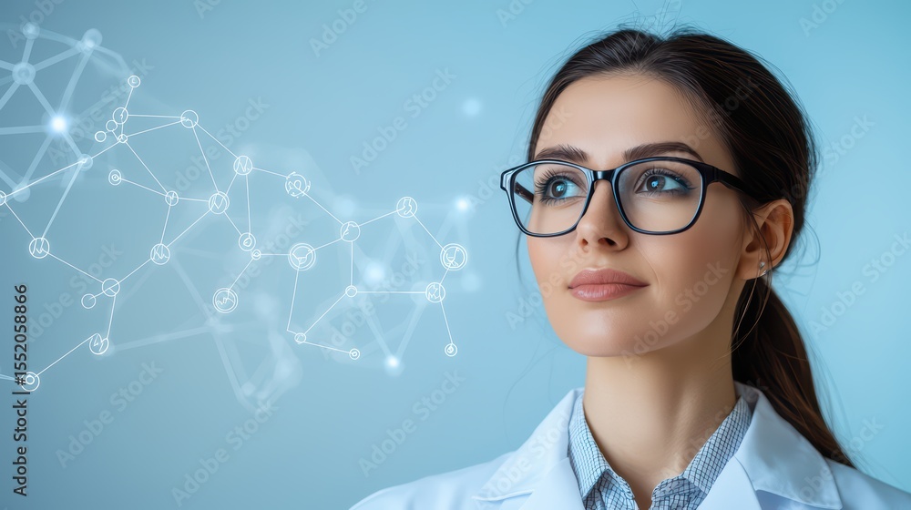 Aufkleber female scientist with glasses contemplating analysis and research in a laboratory setting with digit