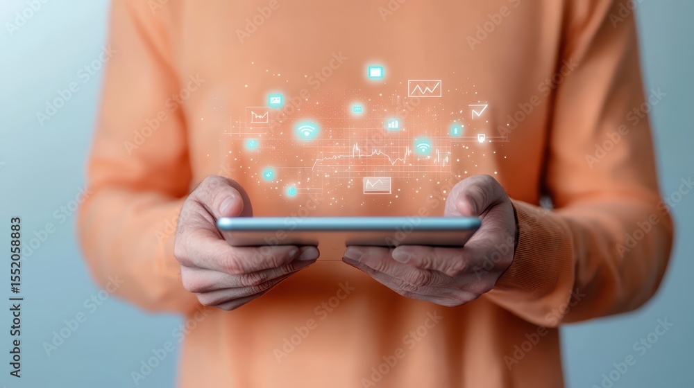 Poster person holding tablet with floating digital icons representing technology and communication concepts