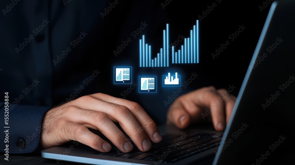 Poster hands typing on a laptop with digital graphs and data visualization overlay for business analysis an