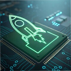 Rocket launch icon on glowing circuit board, representing startup & growth