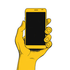 Stylized hand holding yellow smartphone isolated on transparent background