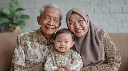 Portrait of Indonesian Muslim grandparents smiling with young grandchild. Heartwarming expression of love, cultural heritage, and generational connection in family setting. National grandparents day.