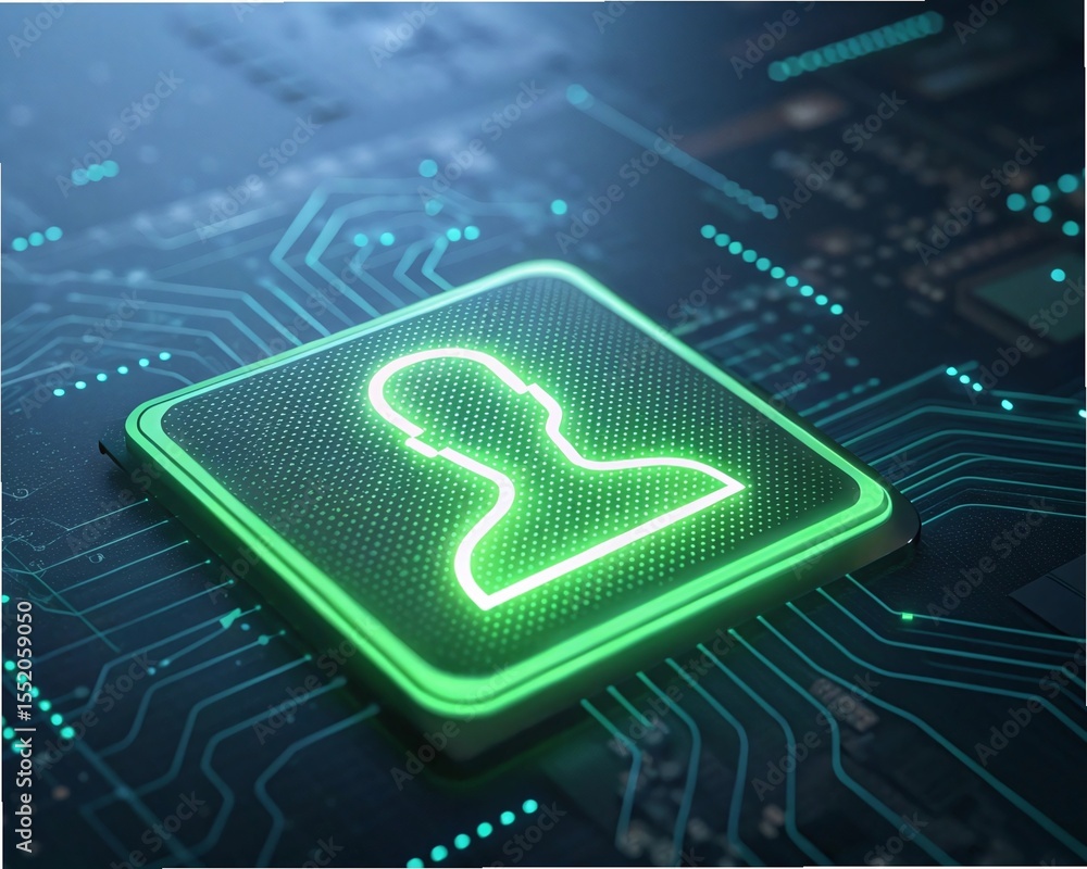 Poster user profile icon on glowing circuit board, digital identity & data
