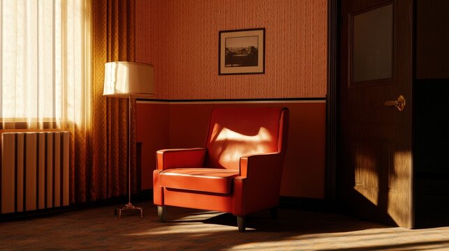 Sunlit Vintage Room with Red Leather Armchair and Floor Lamp