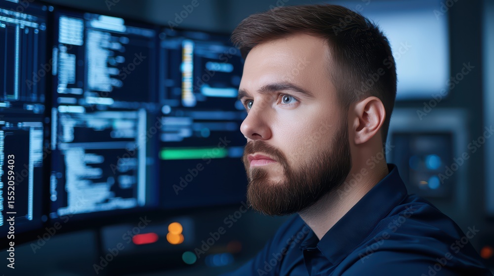 Poster focused male programmer working late at night in a modern technology environment amidst multiple com