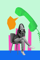 3d vertical poster artwork collage of happy manager girl guy stand telephone handset...
