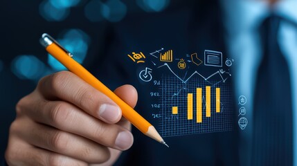 Business professional analyzing digital graphs and charts with pencil in a modern office environment