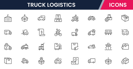 Vector illustration web line icon collection for truck logistics: vehicles, cargo, delivery, and transport symbols in a streamlined, modern, and efficient design style.