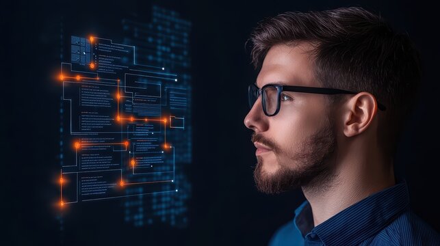 Young Man with Glasses Analyzing Digital Data Interface with Technology and Innovation Theme - Powered by Adobe