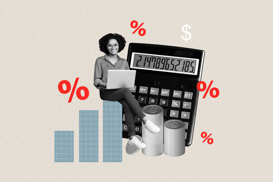 Trend artwork 3D photo collage design of young businesswoman sit work laptop calculator count numbers earnings income finance budget money - Powered by Adobe