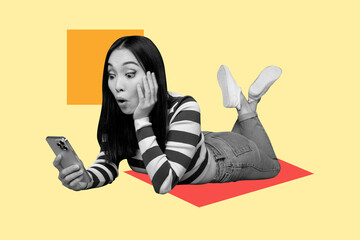 Naklejka na ściany i meble Image full trendy 3d collage poster of shocked girl surf smartphone freelancer occupation programming fake news propaganda