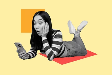 Gordijnen Image full trendy 3d collage poster of shocked girl surf smartphone freelancer occupation programming fake news propaganda © deagreez