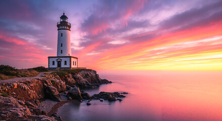 Fototapeta premium Lighthouse on rocky coast guiding ships. Colorful illustration with bright sunset sky