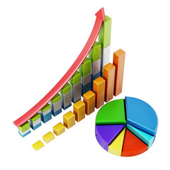 Rising sale bars and pie chart showing financial data  isolated on transparent background. 3D illustration