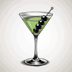 Classic martini cocktail with three olives on a skewer in a glass