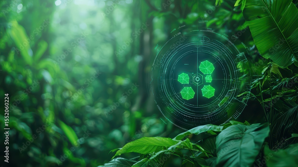 Poster futuristic green technology visualization in lush forest with digital elements and nature background