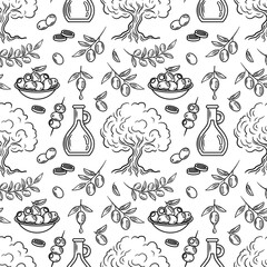 seamless pattern features olive trees, bottles of oil, and olives in a dish, charming sketch. Perfect for Mediterranean themes, culinary designs, or organic product packaging.