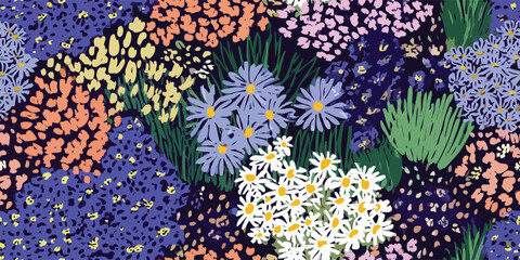 Stylized Wildflower Seamless Pattern Bold Botanical Vector Art for Modern Design and Print