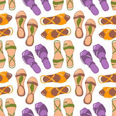 A seamless pattern featuring stylish summer sandals, capturing the essence of warm weather and outdoor fun. This colorful design is perfect for fashion projects, beachwear, and tropical-themed decor.