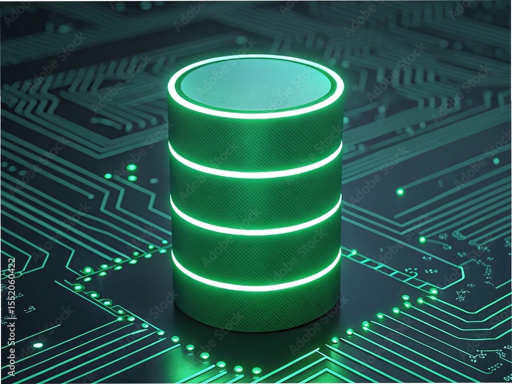 Poster glowing green database cylinder on circuit board for data storage