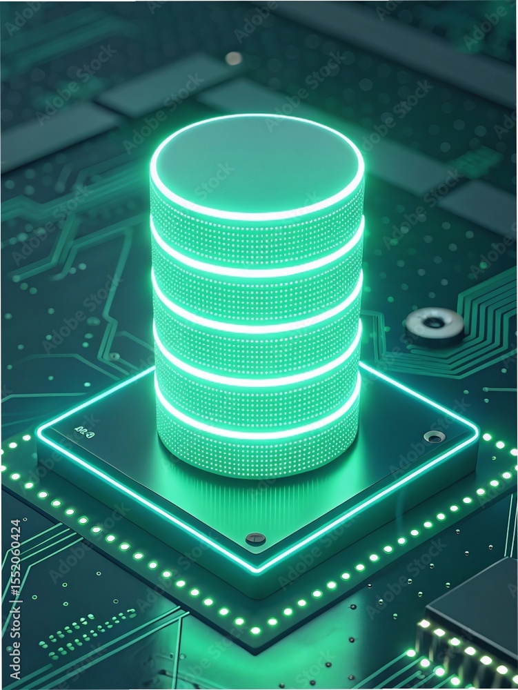 Poster glowing green database cylinder on circuit board for data storage