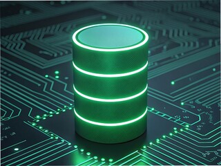 Glowing Green Database Cylinder on Circuit Board for Data Storage