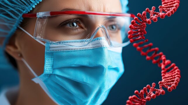 Medical Professional in Protective Gear with DNA Helix Graphics Representing Healthcare and Biotechnology Concepts