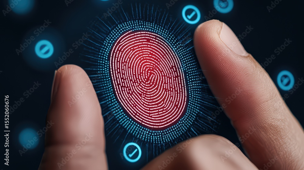 Poster close-up view of fingerprint scanning technology with digital interface for security and authenticat