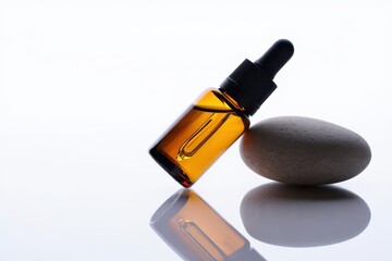 Obraz premium Amber Glass Dropper Bottle with Spa Stones Essential Oil Wellness and Relaxation