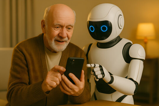 Elderly Man Using Smartphone with Robot Assistant &ndash; Senior Digital Help and AI Guidance