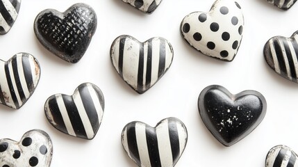 vintage metal heart charms with stripes and dots on white background