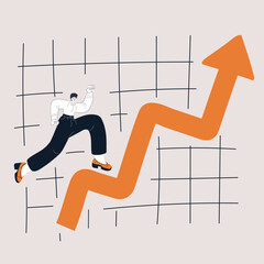 Cartoon vector illustration of a woman jumping near a growing chart, symbolizing success, growth, and career progress