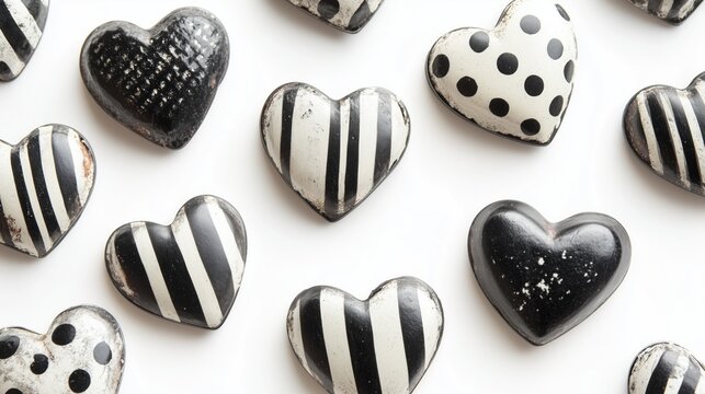 vintage metal heart charms with stripes and dots on white background