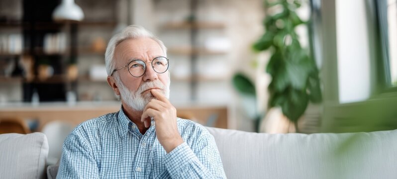 The thoughtful elderly man pondering life in a cozy home environment.
