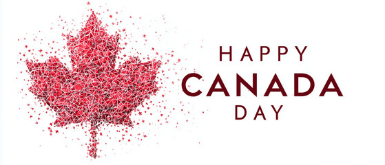 modern happy canada day simple banner with elegant text and red maple leaf made of geometric particles isolated over white background