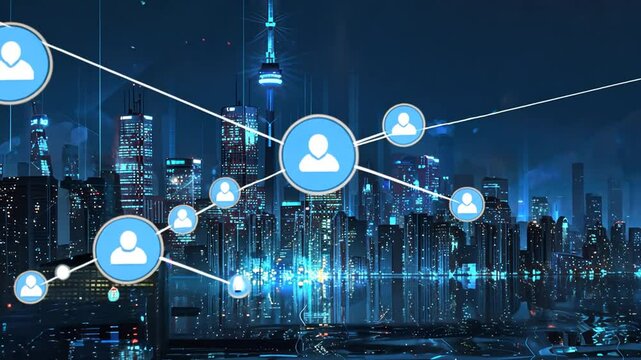 Futuristic cityscape with blue connected network icons and building reflection on ground - Powered by Adobe