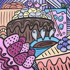 Cakes and drinks doodles background illustration 