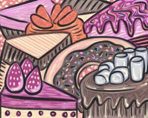 Sweet strawberry chocolate orange cakes with toppings and a donut doodles background illustration 