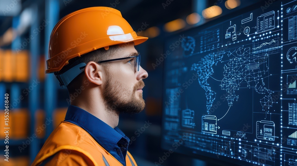 Poster industrial worker analyzing data on digital screen with world map and warehouse background