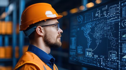Industrial Worker Analyzing Data on Digital Screen with World Map and Warehouse Background