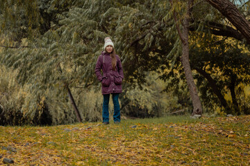 Fototapeta premium mujer en el bosque en temporada de otoño