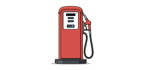 Retro red gasoline pump with hose and nozzle on a white background