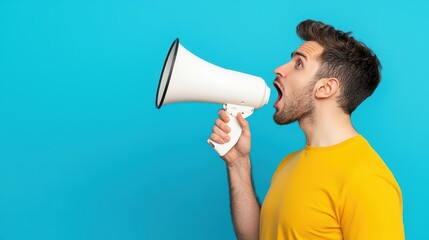 Man wearing yellow shirt yelling into megaphone against bright blue background for communication and announcement concepts