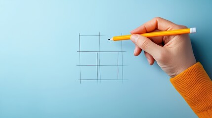Hand Drawing a Simple Grid on a Light Blue Background with a Yellow Pencil for Creative Projects