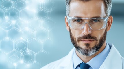 Male Scientist in Laboratory Coat with Safety Glasses and Digital Chemical Structure Overlay