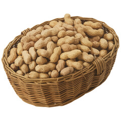 Abundant basket of unshelled peanuts in a woven container on a white background