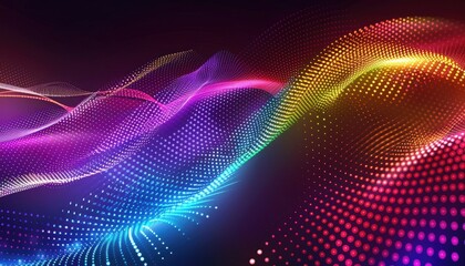 Abstract design of colorful, wavy lines formed by glowing dots.