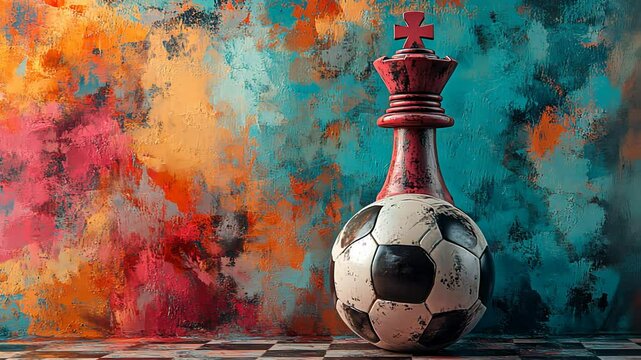 Red chess king piece standing on a soccer ball on a colorful abstract painterly background with checkerboard floor footage.